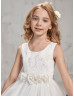 Beaded Ivory Lace Tulle Flower Girl Dress With Handmade Flower Sash